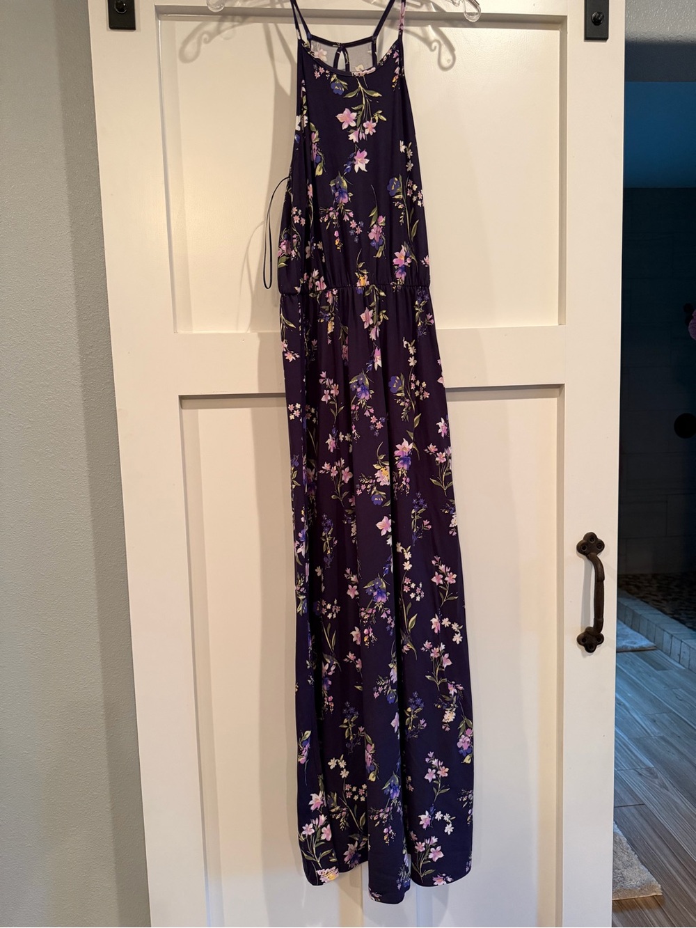 French Grey Navy Floral Keyhole Maxi Dress